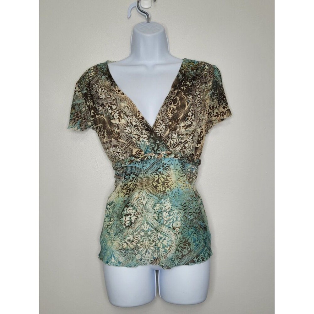 Axcess brown teal blue grunge fairy dark boho short sleeve witchy top large